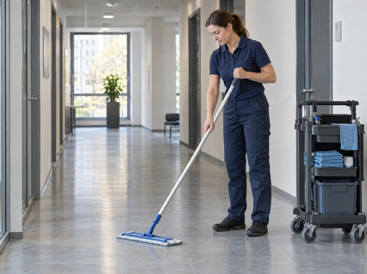 Reinigungskraft mit Flachmopp und Reinigungswagen in einem Büroflur
