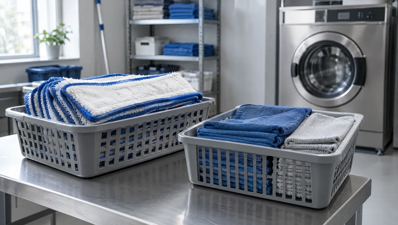 Sortierte Wischbezüge und Reinigungstücher in Körben vor einer gewerblichen Waschmaschine